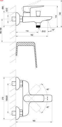 CL 022.00CR Vanová nástěnná baterie bez sprchového setu, chrom; 1,78 kg