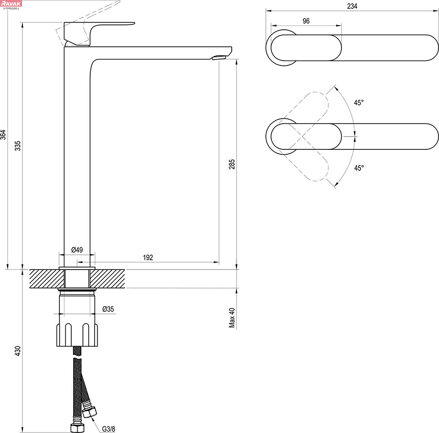 EL 015.60RGB Umyvadlová stojánková baterie 335 mm bez výpusti, Rose Gold Brushed; 2,17 kg
