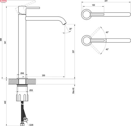  ES 015.20BLM Umyvadlová stojánková baterie 340 mm bez výpusti, Black Matt; 1,75 kg