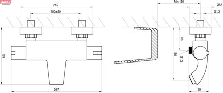 TE 082.00CR Termostatická vanová nástěnná baterie bez sprchového setu, chrom; 2,41 kg 