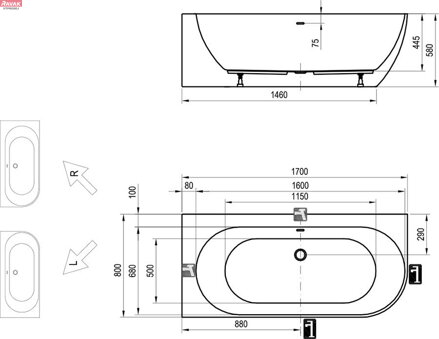 Vana Freedom Corner 170x80 P, volně stojící, bílá, krytka přepadu a odtoku černá 60kg